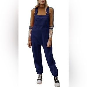 Women's Fleece Warm Overalls Winter Loose Casual Jumpsuits with Pockets